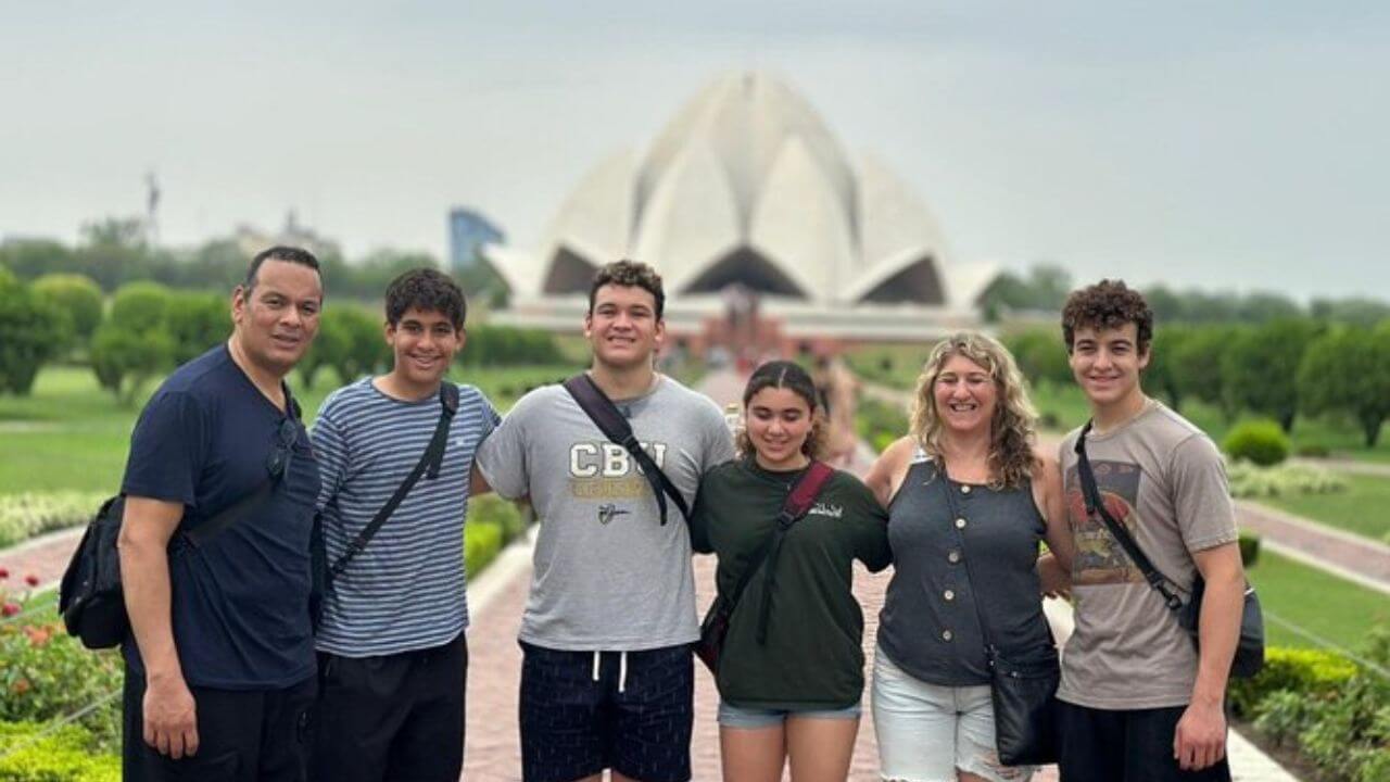 Two tourists standing inside Jantar Mantar Jaipur during a same day Delhi to Jaipur tour